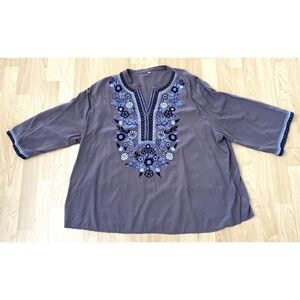 AK women's Embroidered Tunic Shirt Blouse 3XL 3/4 sleeve Boho Lined bodice
